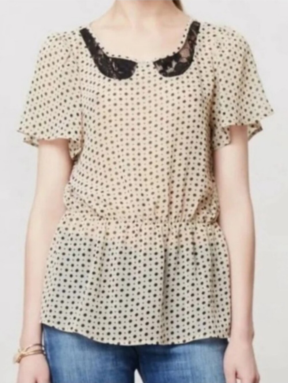 Anthropologie B. Vintage Greta Polka Dot Blouse Lace Collar Medium